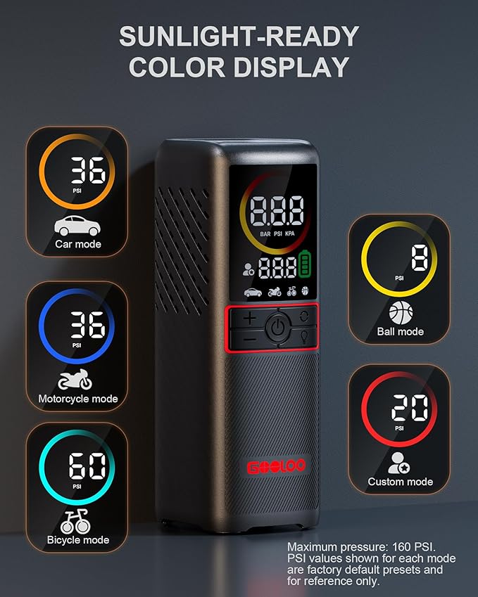 GOOLOO GT160 Tire Inflator Portable Air Compressor, 160PSI Portable Air Pump for Car Tires, 7500mAh Cordless Air Pump with Digital Pressure Suitable for Cars, Bikes, Balls, Motorcycles