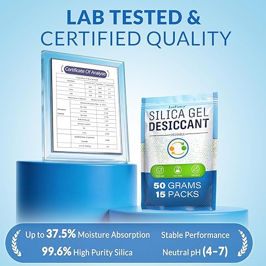 LotFancy Silica Gel Packets 50 Gram 15 Pack, Rechargeable Desiccant Packs with Color Indicator, Moisture Absorber for Gun Saf