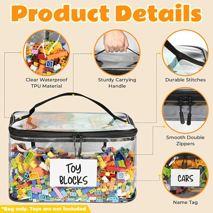 6-Pack Extra Large Toy Storage Bags with Zippers & Labels, Reusable Clear TPU Waterproof Organizer for Kids Toys, Building Bl