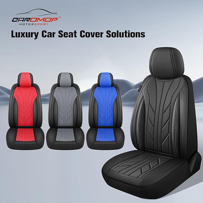 CAROMOP Luxury Faux Leather&Fabric Car Seat Covers 2 Front Seats with Breathable 3D Foam Back Support, Universal Seat Covers 