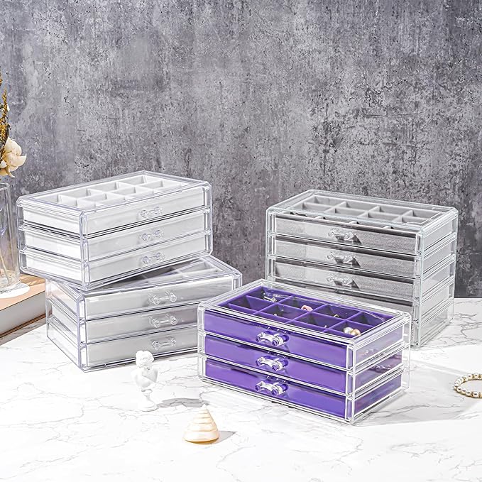 ProCase Earring Holder Organizer Jewelry Box with 3 Drawers, Acrylic Clear Earring Case with Adjustable Velvet Trays for Wome