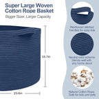 MEGASKET 115L Dark Blue Basket for Organizing, 23.6" x 15.7" XXXL Woven Cotton Rope Laundry Basket, Oversized Blanket Storage