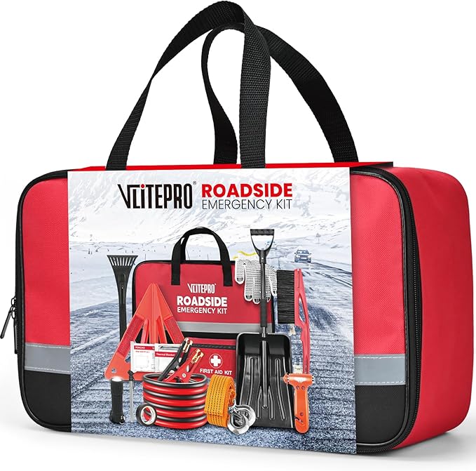 Roadside Emergency Car Kit for Vehicles, Car First Aid Kit Emergency Kit with Jumper Cables, Snow Shovel, Tow Strap, Car Safe