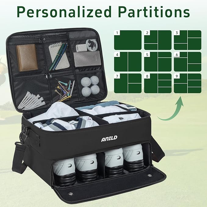 ANILD Golf Trunk Organizer, 2 Layer Golf Storage Case with Separate Ventilated Compartment for 2 Pair Shoes, for Balls, Tees,