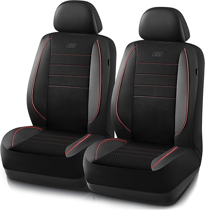 Skechers Air-Cooled Memory Foam Seat Covers,Thick Car Seat Covers,Leather Piping Car Seat Covers Front Seats,Airbag Compatibl