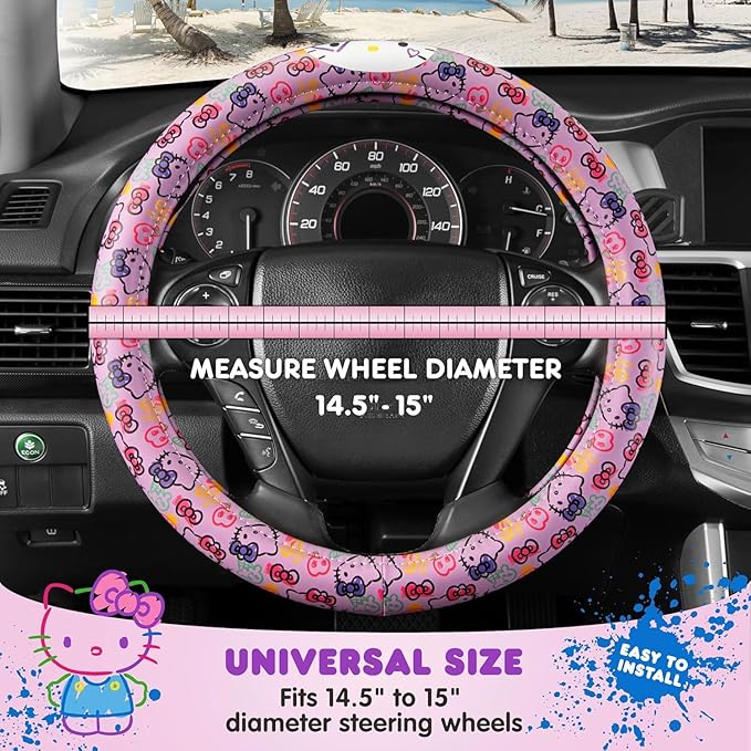 Hello Kitty Steering Wheel Cover, Official Sanrio Car Steering Wheel Cover with Universal Size 14.5-15.5, Cute Steering Wheel Cover for Women, Hello Kitty Car Accessories (Lavender Print)