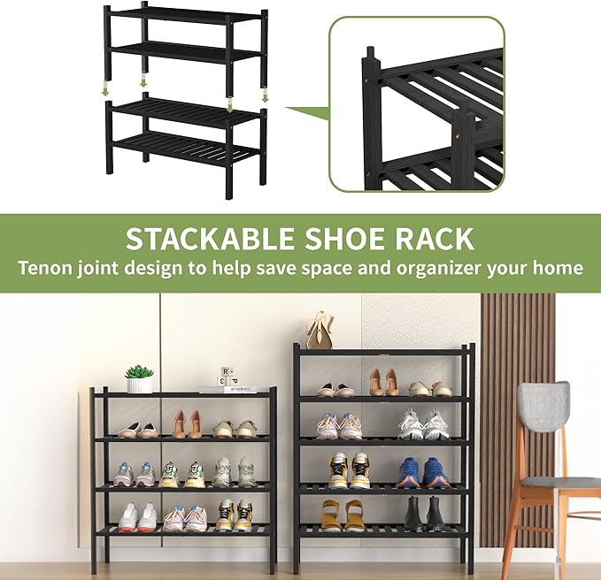 ROMGUAR CRAFT 4 Tier (Thick) Bamboo Shoe Rack for Closet Free Standing Wood Shoe Shelf for Entryway Small Space Stackable 27"
