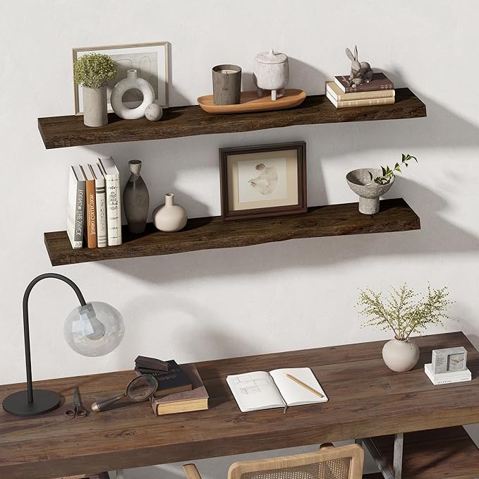 55 Inch Floating Shelves for Wall, Solid Elm Wood Live Edge Wall Shelf for Home Decor, 8 Inch Deep Floating Shelf, 55 x 8 Woo