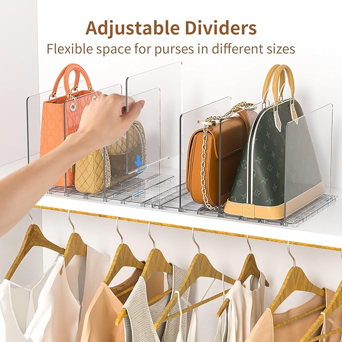 GoMaihe Bag & Purse Organizer for Closet: Adjustable Clear Handbag Storage Shelf - Plastic Clutch Dividers | Minimal | Keep P