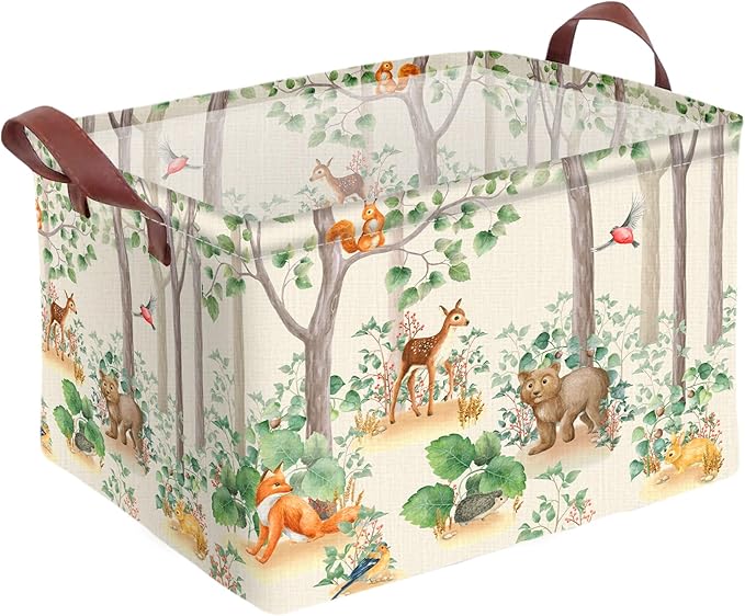 Woodland Animal Storage Basket Waterproof Canvas Toy Storage Bin Home Forest Decor Collapsible Outdoor Basket with Leather Ha