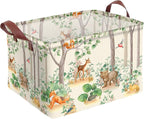 Woodland Animal Storage Basket Waterproof Canvas Toy Storage Bin Home Forest Decor Collapsible Outdoor Basket with Leather Ha