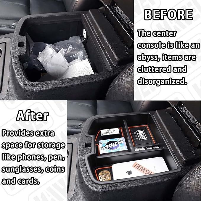 Center Console Organizer Compatible with 2007-2014 Chevy Silverado GMC Sierra Avalanche Tahoe Suburban Yukon Yukon XL Accessories, Floor Mounted Center Console ONLY, Orange Trim