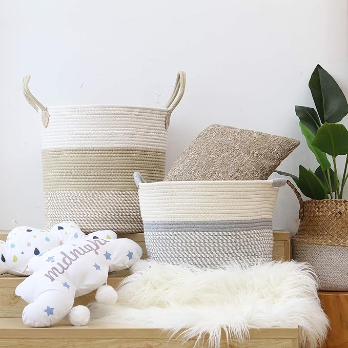 Hinwo Oval Cotton Rope Storage Basket Collapsible Nursery Storage Box Container Organizer with Handles, 13 x 10 inches, Off W