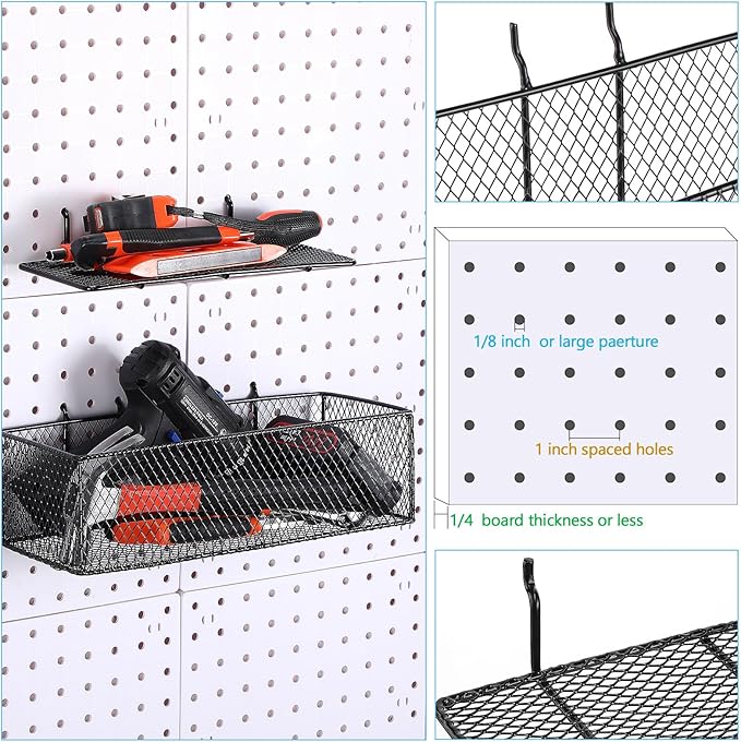 Hicarer 8 Pack Pegboard Baskets and Peg Board Racks Set, Pegboard Hooks, Square Style Wire Shelf Baskets, for Organize Tools,