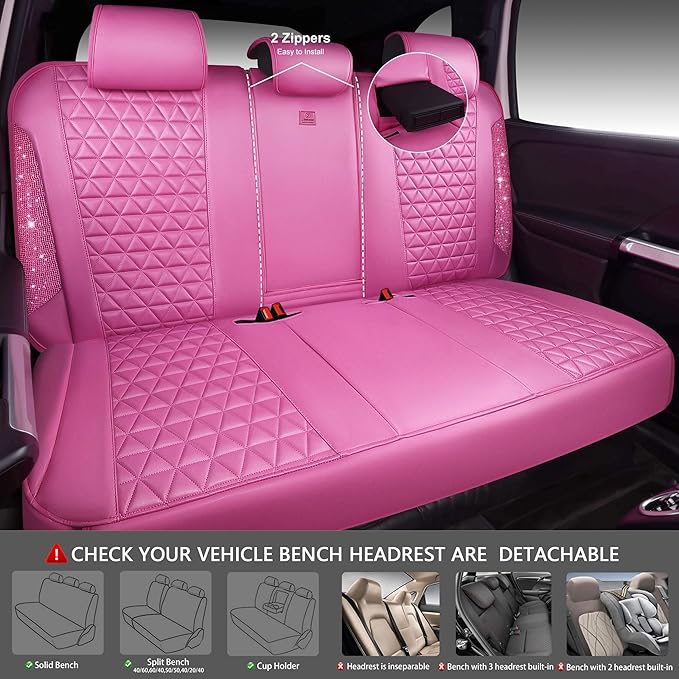 CAR PASS Hot Pink Bling Diamond Leather Car Seat Covers Full Sets, Waterproof Shining Glitter Sparkly Crystal Universal Armre