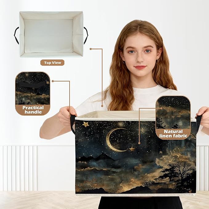 Mystical Crescent Moon Star Celestial Storage Box Bins, Moody Starry Night Sky Collapsible Storage Basket Organizer for Bedro