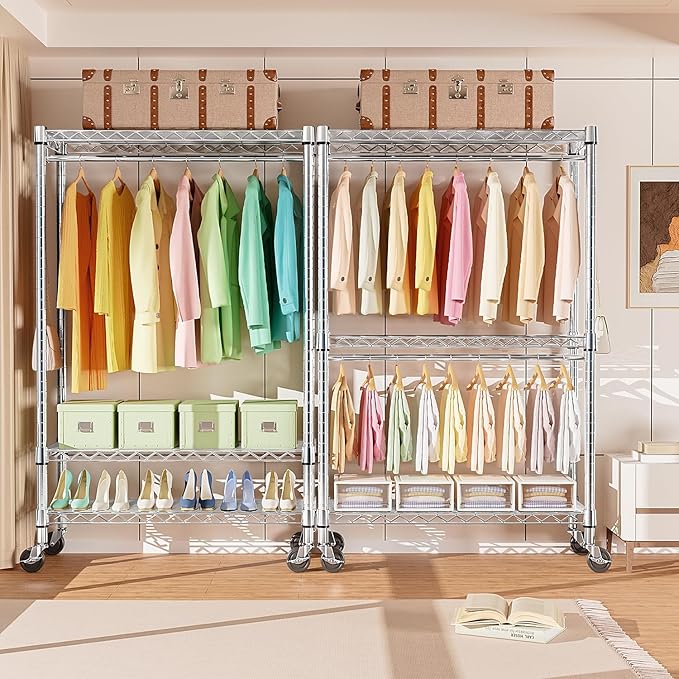 M MZG Heavy Duty Rolling Garment Rack 3 Tiers Adjustable Wire Shelving Clothes Rack with Rods and Side Hooks,Storage Closet C