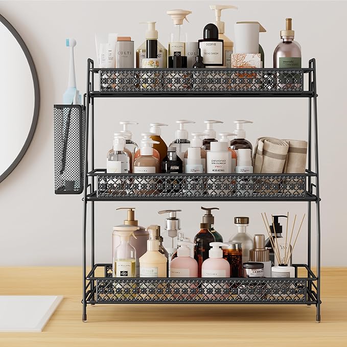 Vintage 3 Tier Spice Rack Organizer for Kitchen Counter, Bathroom Counter Organizer with Bonus Basket, 3 Tier Bathroom Counte