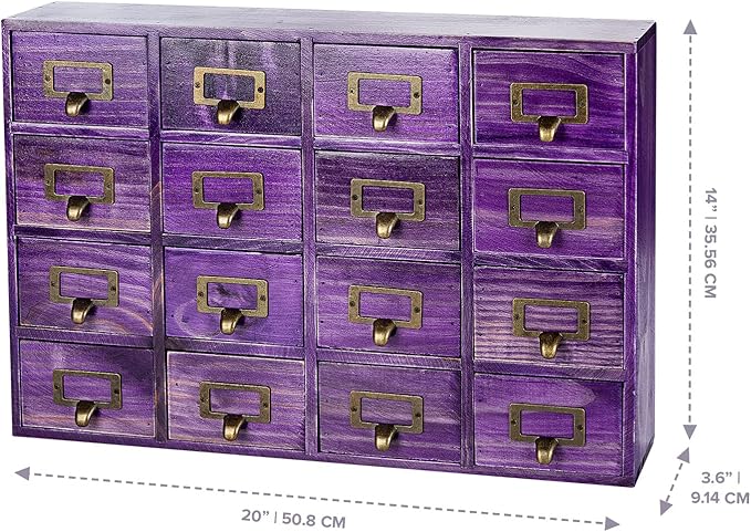 Purple 16-Slot Wooden Drawer Unit - Country Style Desk Organizer Box - 20"x3.6”x14” Wooden Storage Box w/ 16 Drawers - Counte