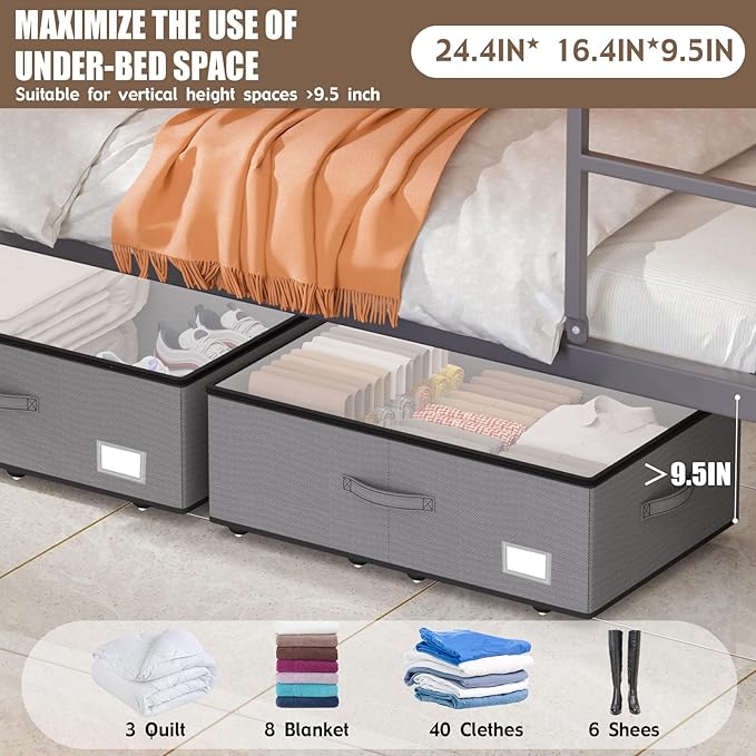 Under Bed Storage with Wheels, No Assemble Required 10 inches height Under Bed Storage bins,Large capacity Rolling Underbed S