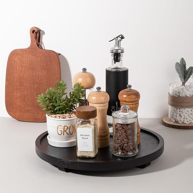 Round Decorative Tray Wood Bathroom Counter Organizer Farmhouse Kitchen Decor Wooden Riser for Soap Dish, Perfume, Candle, Sp