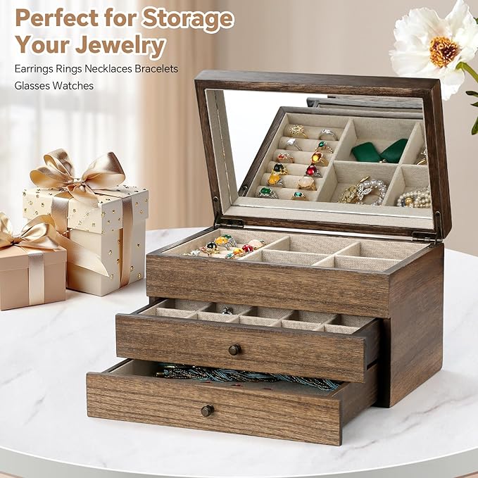 Meangood Jewelry Box Organizer for Women, 3 Layer Large Jewelry Storage Case, Rustic Wooden Jewelry Box with Mirror & Ring Tr