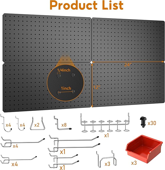 Peg Board, 84pcs Metal Pegboard Kit, Includes 4 Pack 24''X12'' Large Black Peg Board with Accessories and Hook Locks, Heavy D