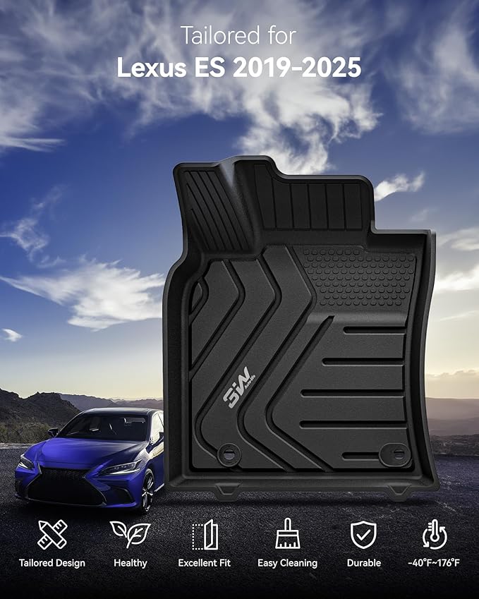 3W Floor Mats (with Carpets) Fit Lexus ES (2019-2024 ES350/ES300h & 2025 ES300h/ES Hybrid), TPE All Weather Custom Fit Floor Liner for Lexus ES 1st and 2nd Row Full Set Car Mats, Black