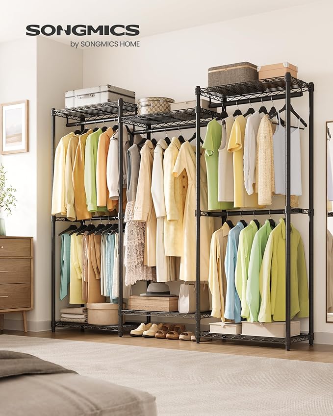 SONGMICS Heavy-Duty Clothes Rack, Garment Rack, Portable Closet, 68.7-Inch Wide Clothing Rack with Adjustable Mesh Shelves an