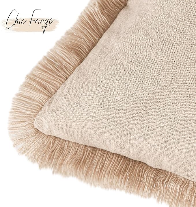 Foindtower Set of 2 Decorative Linen Fringe Throw Pillow Covers Boho Farmhouse Cushion Cover with Tassels Soft Accent Pillowc