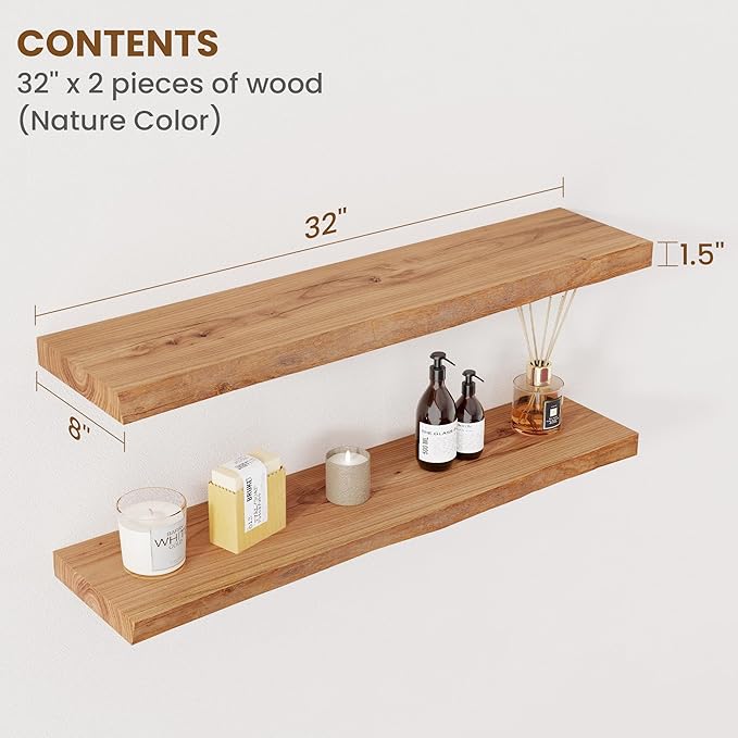 Floating Shelves for Wall Decor, Rustic Solid Elm Wood Live Edge Floating Shelves Wall Mounted, Wall Shelves with Invisible B