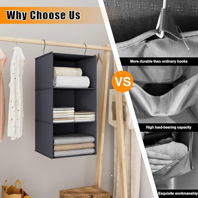 Hanging Closet Organizer and Storage 3-Shelf, Easy Mount Foldable Hanging Closet Wardrobe Storage Shelves, Clothes Handbag Sh