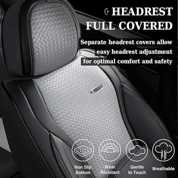 Coverado Car Seat Covers Full Set, Black Gray Seat Covers for Cars, Waterproof Nappa Leather Automotive Seat Covers with Lumb