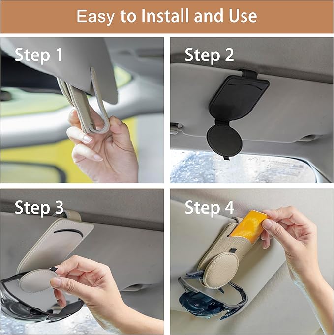 Sunglasses Holder for Car, Genuine Leather, Magnetic Closure, Card Pocket, Universal Fit for All Glasses, Black, Sun Visor Organizer