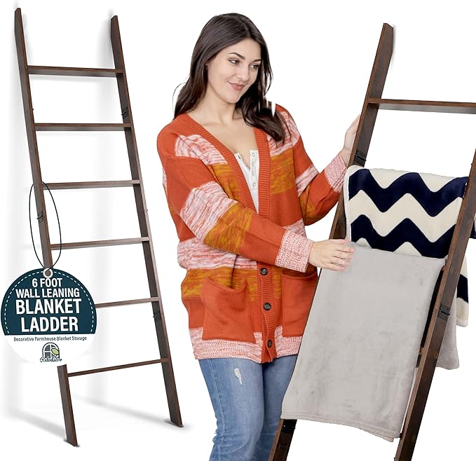 Blanket Ladder for Living Room and Bedroom, 5ft 8 inch, 6-Tier Wall Leaning Laminate Snag Free Construction (Rustic Hickory) 