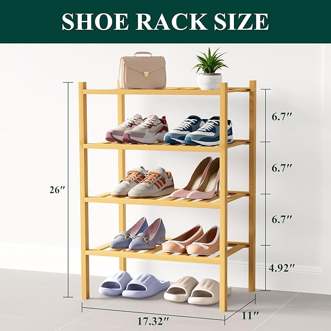 Smiry Bamboo Shoe Rack for Closet, 4 Tier Small Wooden Stackable Shoe Organizer, Free Standing Shoes Storage Shelf for Entryw