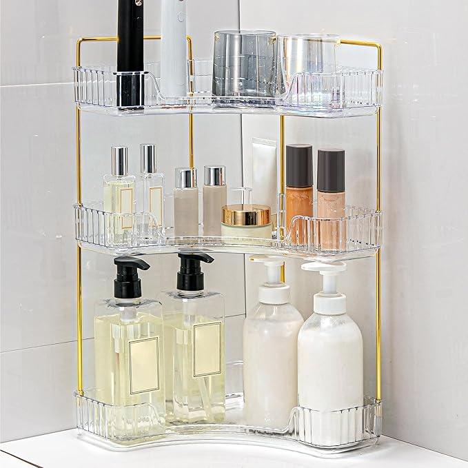 Corner Bathroom Counter Organizer Bathroom Countertop Shelf Makeup Organizer for Vanity Perfume Tray for Corner Storage (3 Ti