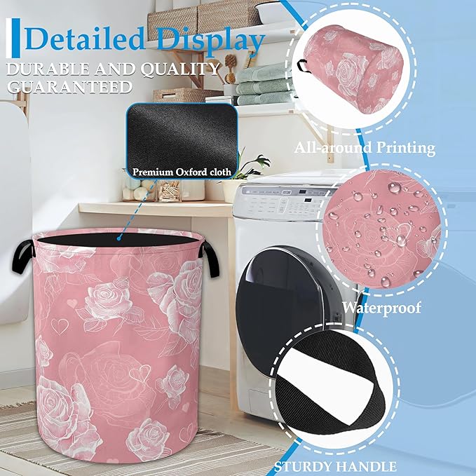Pink Roses Large Storage Basket Collapsible Laundry Basket Oxford Storage Bin for Toy Bins Gift Baskets Bedroom Clothes Child