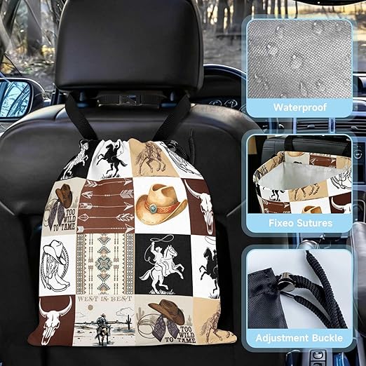 Western Cowboy Car Trash Bag - Waterproof Car Trash Bag Hanging Leakproof Car Garbage Bag - Washable Reusable Trash Bag for Car Interior Hanging Organizer Storage Vehicle Travelling Camping