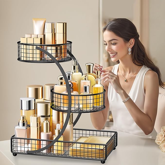 HBlife Makeup Organizer for Vanity, 3 Tier Metal Bathroom Countertop Organizers Skin Care Storage, Bathroom Counter Shelf Ski