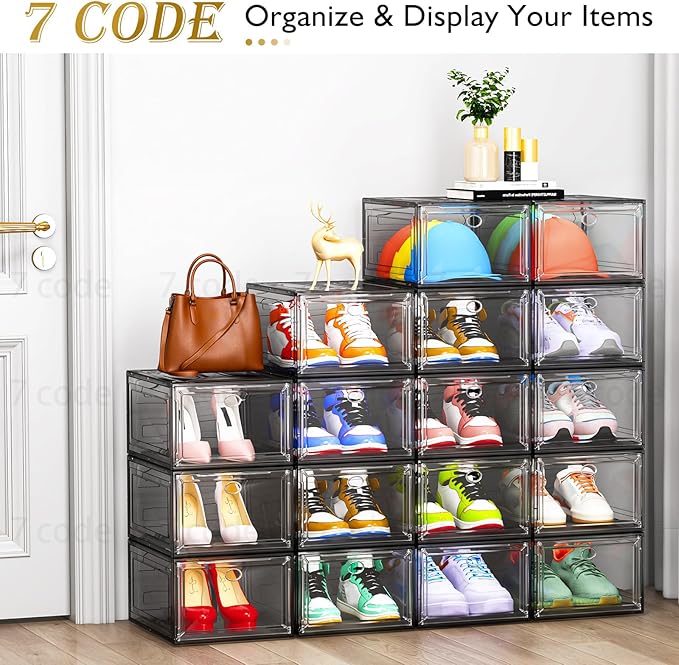 7 code Thicken & Sturdy Clear Shoe Storage Organizer with Magnetic Door, Stackable Boxes for Closet, Foldable Shoe Rack for S