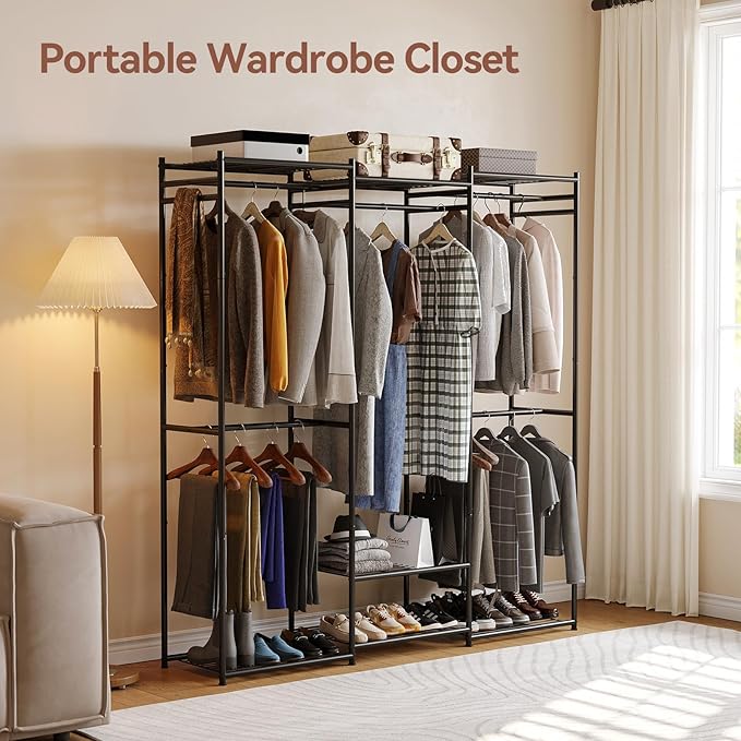 Wardrobe Closet Tall Size, Clothes Rack with Hanging Areas and Storage Shelves, Closet Organizers and Storage, Free Standing 
