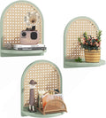 Rattan Wall Shelf Set of 3, 7''Green Rattan Shelves with Wicker Decor, Boho Decor Small Floating Shelves for Wall, Arched She