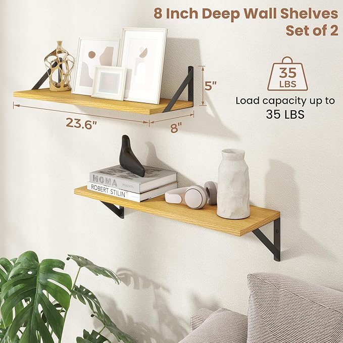 Axeman 24 Inch Floating Shelves | 8 Inch Deep Oak Wall Shelves Set of 2 | 24W x 8D Rustic Wood Shelves for Bookshelf Living R