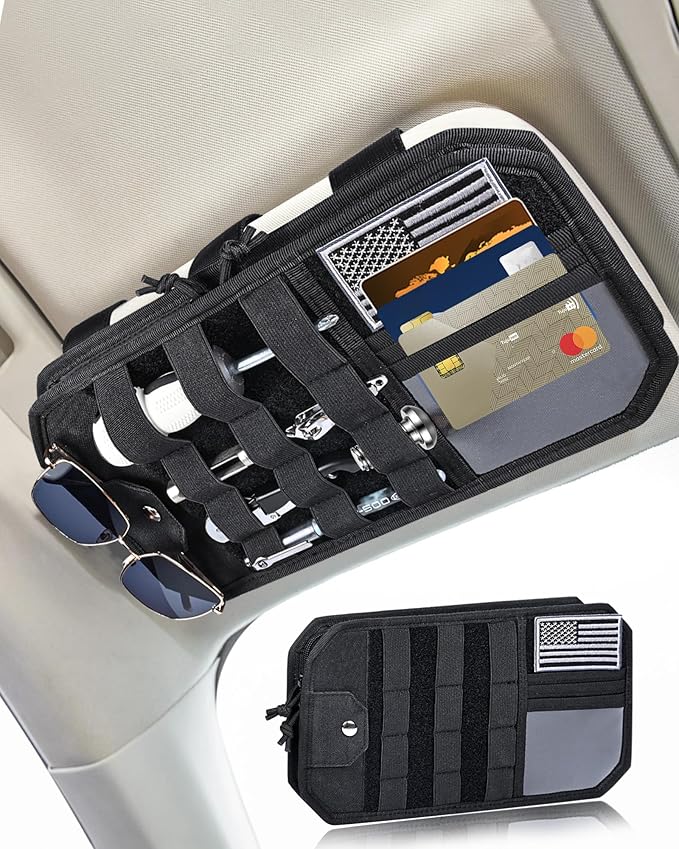 Heavy Duty Molle Car Sun Visor Organizer Tactical Pounch with Flag and Glasses Clip Store Your Daily Items for Most Cars, Trucks, SUVs, Compacts, 12.8"x6.9"x1.2"