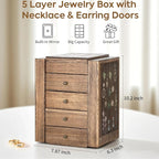 Meangood Jewelry Box Wood for Wowen, 5-Layer Large Organizer Box with Mirror & 4 Drawers for Rings, Earrings, Necklaces, Waln