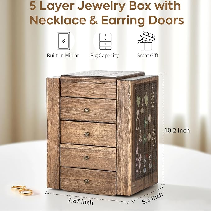 Meangood Jewelry Box Wood for Wowen, 5-Layer Large Organizer Box with Mirror & 4 Drawers for Rings, Earrings, Necklaces, Waln