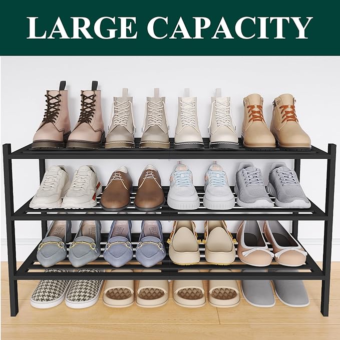 Smiry Long Bamboo Shoe Rack 3-Tier, Stackable Wooden Shoe Organizer for Entryway & Closet, Free Standing Wood Shoe Storage Sh