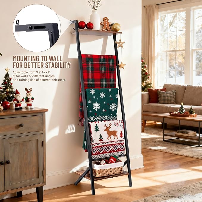 5 Tier Blanket Ladder with Shelf and Hooks, 4.8ft Metal Ladder Shelf Blanket Holder Storage Rack for Living Room, Free Standi