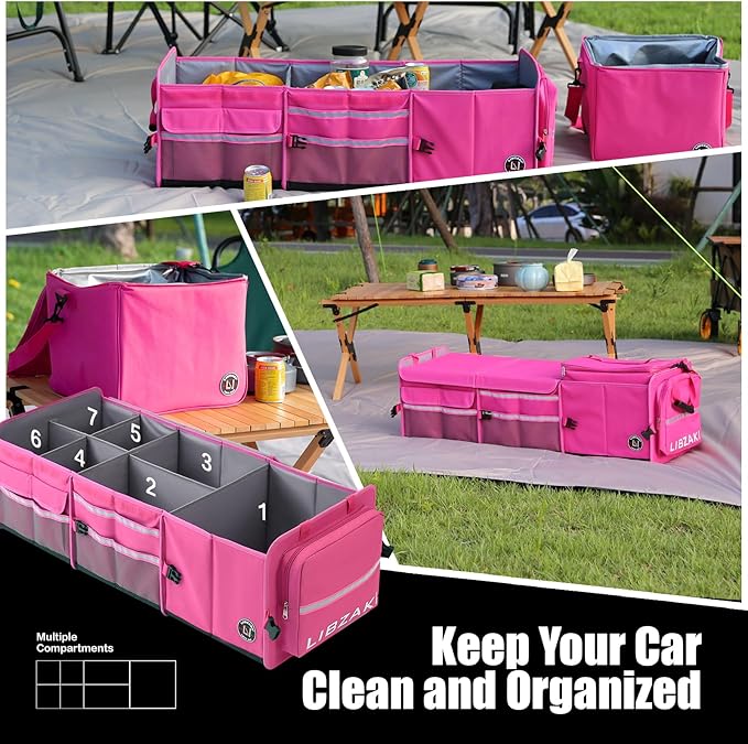 LIBZAKI Oversize 4 in 1 Car Trunk Storage Organizer, Multi Compartment Collapsible Trunk Storage Box with Cooler Bag for Car